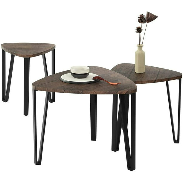 Retro Set Of 3 Wood Coffee Table Nest Retro Industrial Side End Triangle Desk
